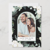 Evergreen & Cotton Flowers Arch Photo Black Save The Date (Voorkant)