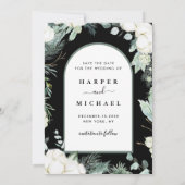 Evergreen & Cotton Flowers Arch Photo Black Save The Date (Achterkant)