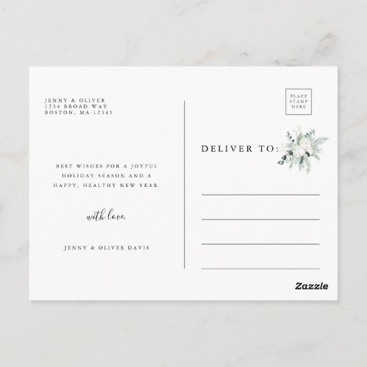 Evergreen & Cotton Flowers Arch Photo Holiday Mint Briefkaart (Achterkant)