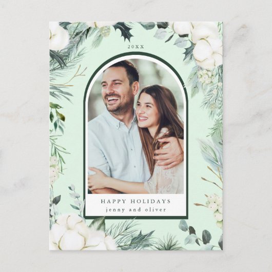 Evergreen & Cotton Flowers Arch Photo Holiday Mint Briefkaart (Voorkant)