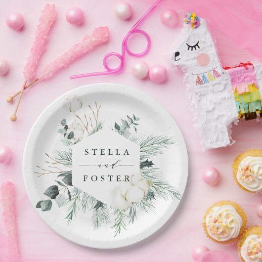 Evergreen & Cotton Flowers Elegant Hexagon Wedding Papieren Bordje (Feest)