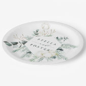 Evergreen & Cotton Flowers Elegant Hexagon Wedding Papieren Bordje (Gekanteld)