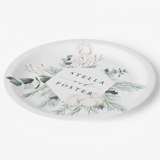 Evergreen & Cotton Flowers Elegant Hexagon Wedding Papieren Bordje (Gekanteld)