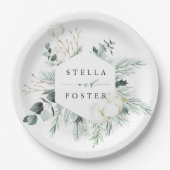 Evergreen & Cotton Flowers Elegant Hexagon Wedding Papieren Bordje (Voorkant)