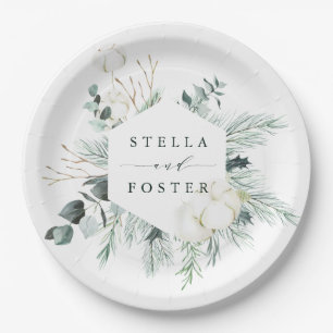 Evergreen & Cotton Flowers Elegant Hexagon Wedding Papieren Bordje