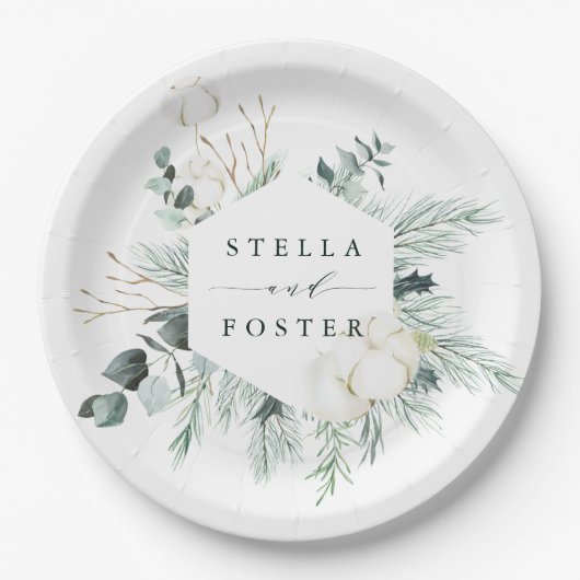 Evergreen & Cotton Flowers Elegant Hexagon Wedding Papieren Bordje (Voorkant)