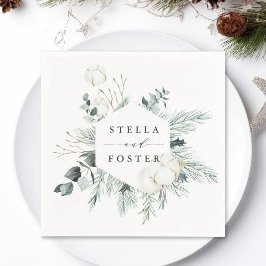 Evergreen & Cotton Flowers Elegant Hexagon Wedding Servet