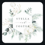 Evergreen & Cotton Flowers Elegant Hexagon Wedding Vierkante Sticker<br><div class="desc">Deze trouwsticker is voorzien van een zeshoek,  met de hand geverfd wintergroen,  katoenbloemen en namen. Voor meer geavanceerde aanpassing van dit ontwerp,  te klikken gelieve de "pas verder"verbinding aan. Overeenkomende objecten zijn ook beschikbaar.</div>