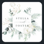 Evergreen & Cotton Flowers Elegant Hexagon Wedding Vierkante Sticker<br><div class="desc">Deze trouwsticker is voorzien van een zeshoek,  met de hand geverfd wintergroen,  katoenbloemen en namen. Voor meer geavanceerde aanpassing van dit ontwerp,  te klikken gelieve de "pas verder"verbinding aan. Overeenkomende objecten zijn ook beschikbaar.</div>