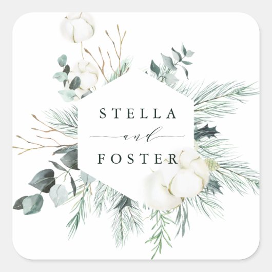 Evergreen & Cotton Flowers Elegant Hexagon Wedding Vierkante Sticker (Voorkant)