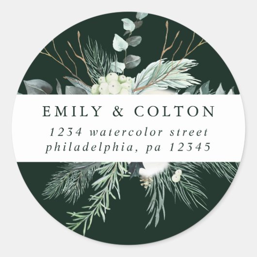 Evergreen & Cotton Flowers Elegant Return Address Ronde Sticker (Voorkant)
