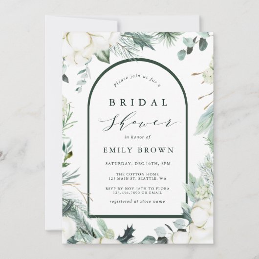 Evergreen & Cotton Flowers Elegant Vrijgezellenfee Kaart (Voorkant)