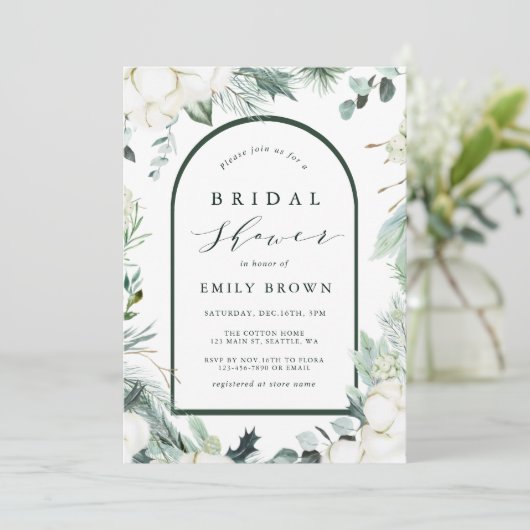 Evergreen & Cotton Flowers Elegant Vrijgezellenfee Kaart (Staand voorkant)