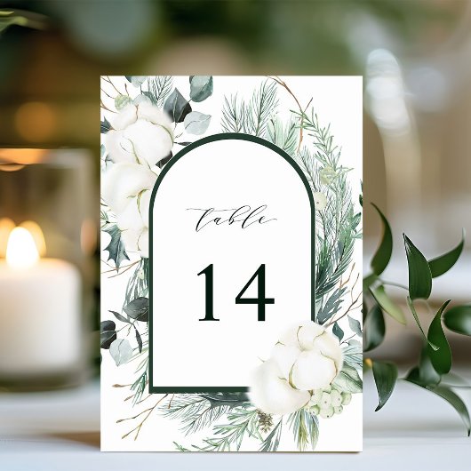 Evergreen & Cotton Flowers Elegant Wedding Kaart