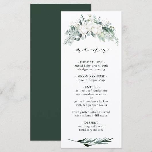 Evergreen & Cotton Flowers Elegant Wedding Menu (Voorkant / Achterkant)
