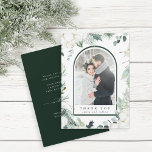 Evergreen & Cotton Flowers Elegant Wedding Photo Bedankkaart<br><div class="desc">Deze dankuwel is voorzien van handbeschilderde wintergroen,  katoenbloemen met een lijst van boog. Voor meer geavanceerde aanpassing van dit ontwerp,  te klikken gelieve de "pas verder"verbinding aan. Overeenkomende objecten zijn ook beschikbaar.</div>