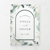 Evergreen & Cotton Flowers Elegant Wedding Photo Drieluik Uitnodiging (Cover)