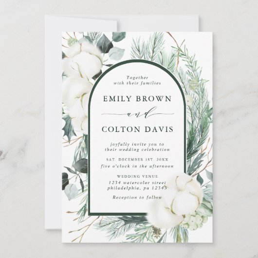 Evergreen & Cotton Flowers Elegant Wedding Photo Kaart (Voorkant)