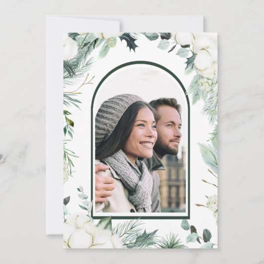 Evergreen & Cotton Flowers Elegant Wedding Photo Kaart (Achterkant)