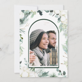 Evergreen & Cotton Flowers Elegant Wedding Photo Kaart