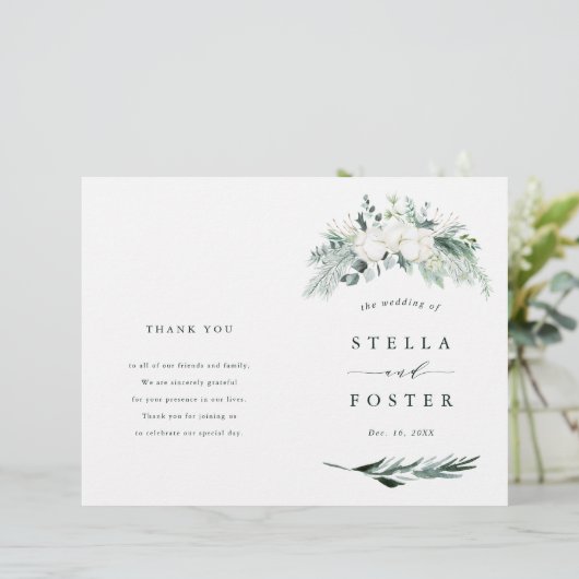 Evergreen & Cotton Flowers Elegant Wedding Program (Staand voorkant)