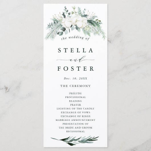 Evergreen & Cotton Flowers Elegant Wedding Program Programmakaart (Voorkant)
