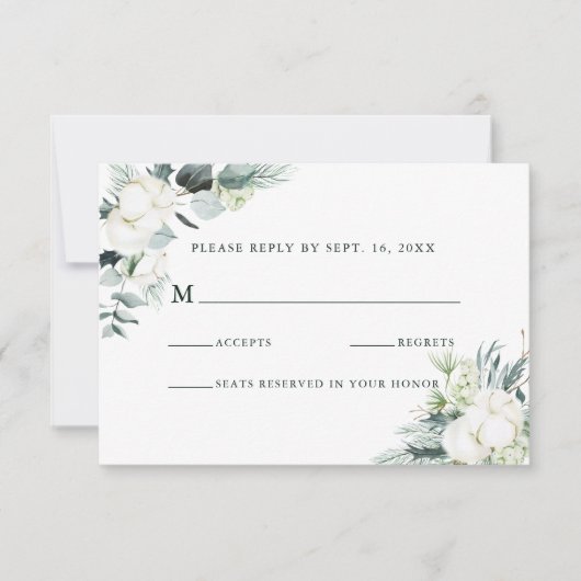 Evergreen & Cotton Flowers Elegant Wedding RSVP (Voorkant)