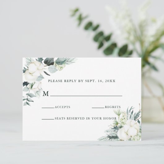 Evergreen & Cotton Flowers Elegant Wedding RSVP (Staand voorkant)