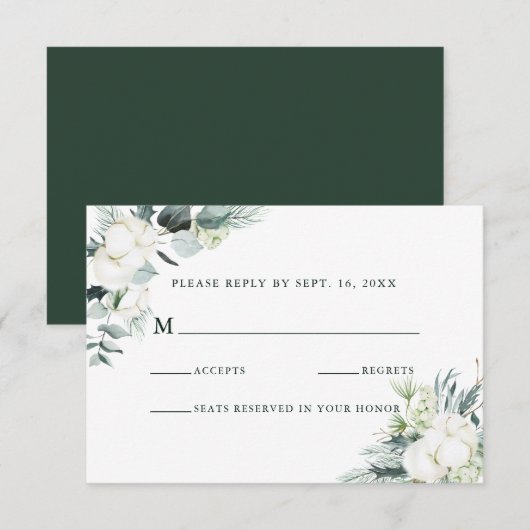 Evergreen & Cotton Flowers Elegant Wedding RSVP (Voorkant / Achterkant)