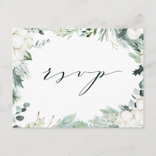 Evergreen & Cotton Flowers Elegant Wedding RSVP Briefkaart