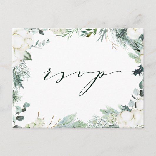 Evergreen & Cotton Flowers Elegant Wedding RSVP Briefkaart (Voorkant)