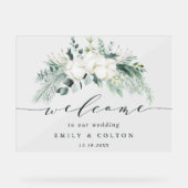 Evergreen & Cotton Flowers Elegant Wedding Welcome Acryl Bord (Voorkant)