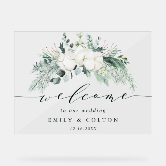 Evergreen & Cotton Flowers Elegant Wedding Welcome Acryl Bord (Voorkant)