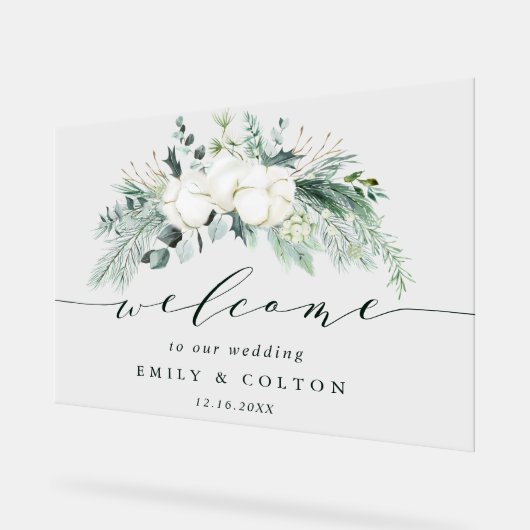Evergreen & Cotton Flowers Elegant Wedding Welcome Acryl Bord (Hoek)