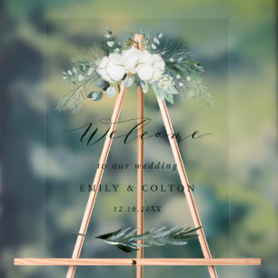 Evergreen & Cotton Flowers Elegant Wedding Welcome Acryl Bord