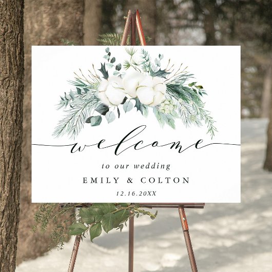 Evergreen & Cotton Flowers Elegant Wedding Welcome Poster