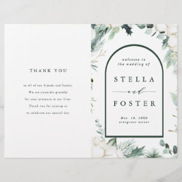 Evergreen & Cotton Flowers Folded Wedding Program