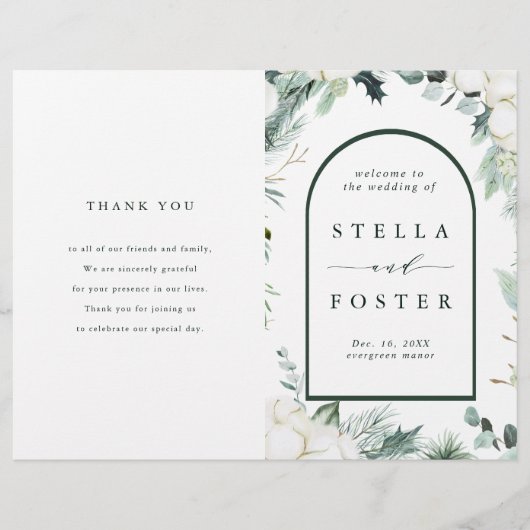 Evergreen & Cotton Flowers Folded Wedding Program (Voorkant)
