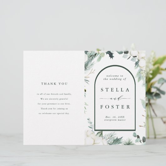 Evergreen & Cotton Flowers Folded Wedding Program (Staand voorkant)