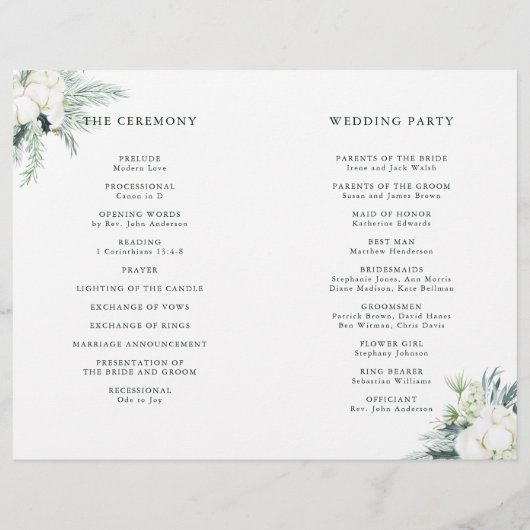 Evergreen & Cotton Flowers Folded Wedding Program (Achterkant)