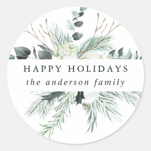 Evergreen & Cotton Flowers kerst | Vakantie Ronde Sticker (Voorkant)