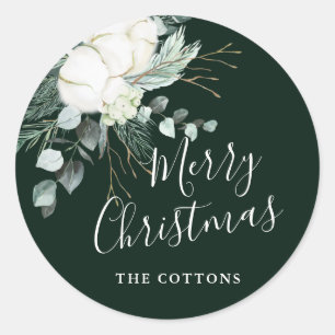 Evergreen & Cotton Flowers Merry KerstGreen Ronde Sticker
