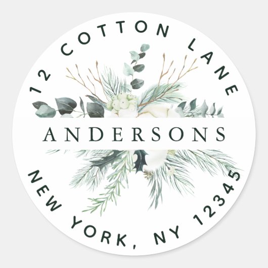 Evergreen & Cotton Flowers Return-adres Ronde Sticker (Voorkant)