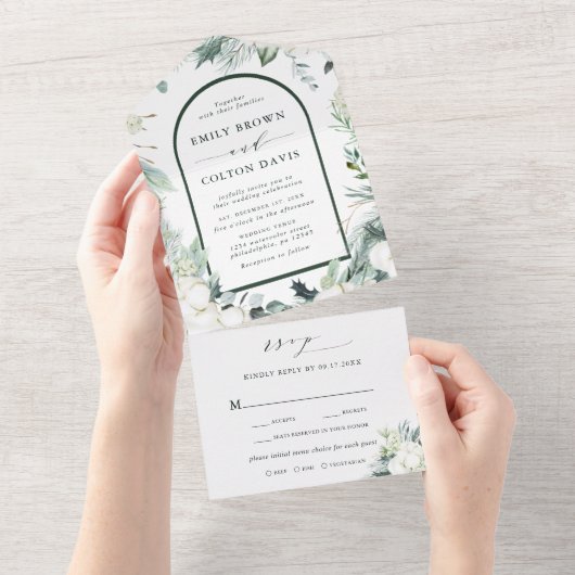 Evergreen & Cotton Flowers Waterverf Wedding All In One Uitnodiging (Afscheurbaar)