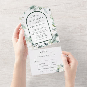 Evergreen & Cotton Flowers Waterverf Wedding All In One Uitnodiging