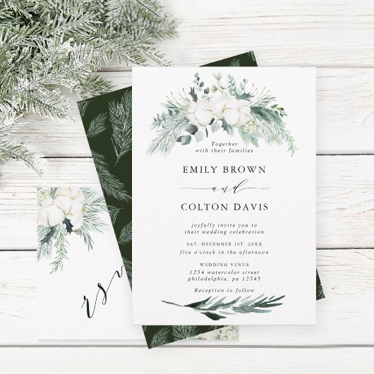Evergreen & Cotton Flowers Waterverf Wedding Kaart