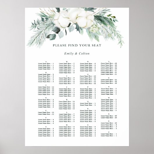 Evergreen & Cotton Flowers Wedding Seating Chart Poster (Voorkant)