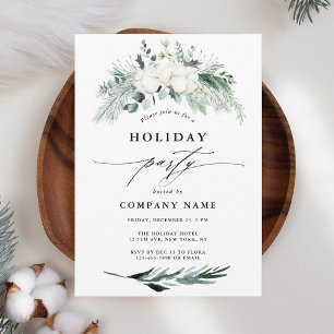 Evergreen & Cotton Flowers Winter Holiday Party Kaart