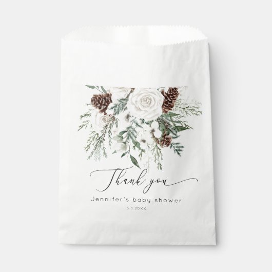 Evergreen elegant winter baby shower dank u bedankzakje (Voorkant)
