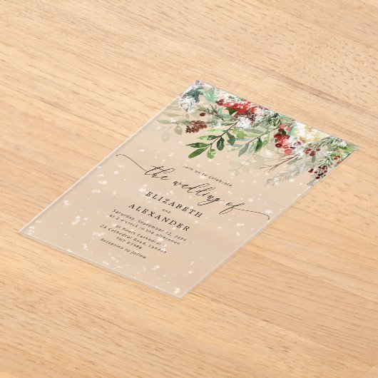 Evergreen elegante sneeuw winterbruiloft acryl uitnodigingen (Laagn)